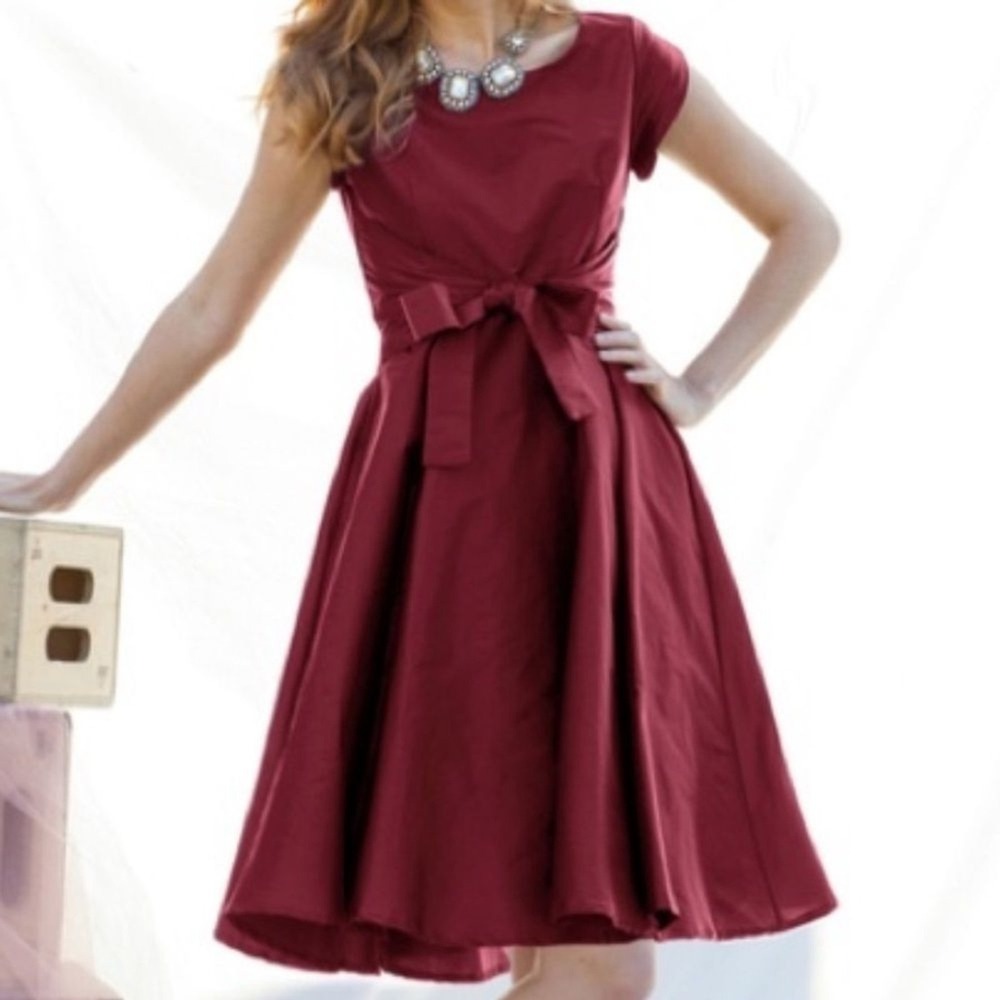 Shabby Apple West End Burgundy Fit Flare Bow Dress Petite Small NWT